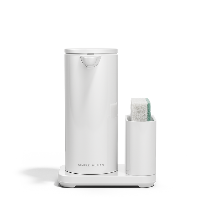 Simplehuman White 14 oz or 414ml Sensor Pump + Caddy holding a sponge, touch-free, space-saving design.