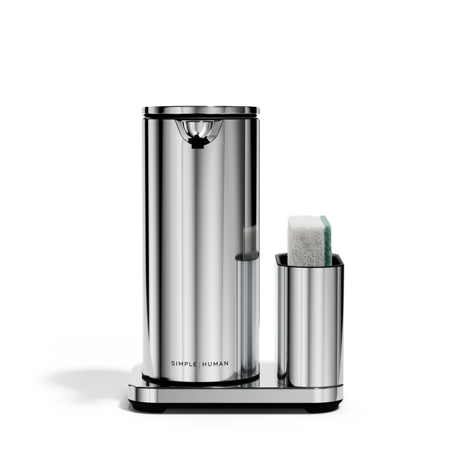Front view: Simplehuman Polished Stainless Steel 14 oz or 414ml Sensor Pump + rechargeable touch-free dispenser with removable caddy.
