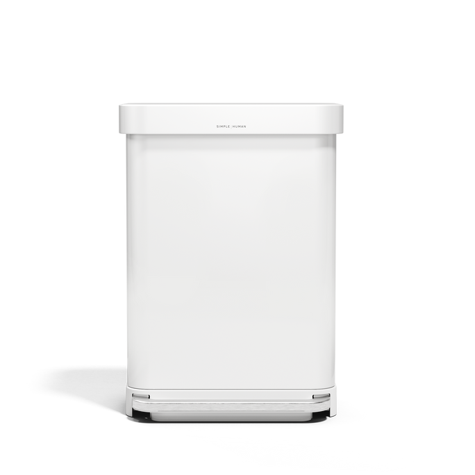 Simplehuman 55L Rectangular Step Can in White with hands-free foot pedal and liner pocket dispenser.