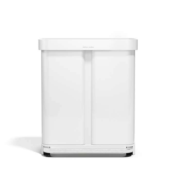 Simplehuman 58L Step Recycler in White, dual compartment for trash and recycling, hands-free pedal.