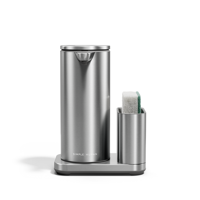 Simplehuman Brushed Stainless Steel 14 oz Sensor Pump + Caddy, touch-free operation and space-saving design.