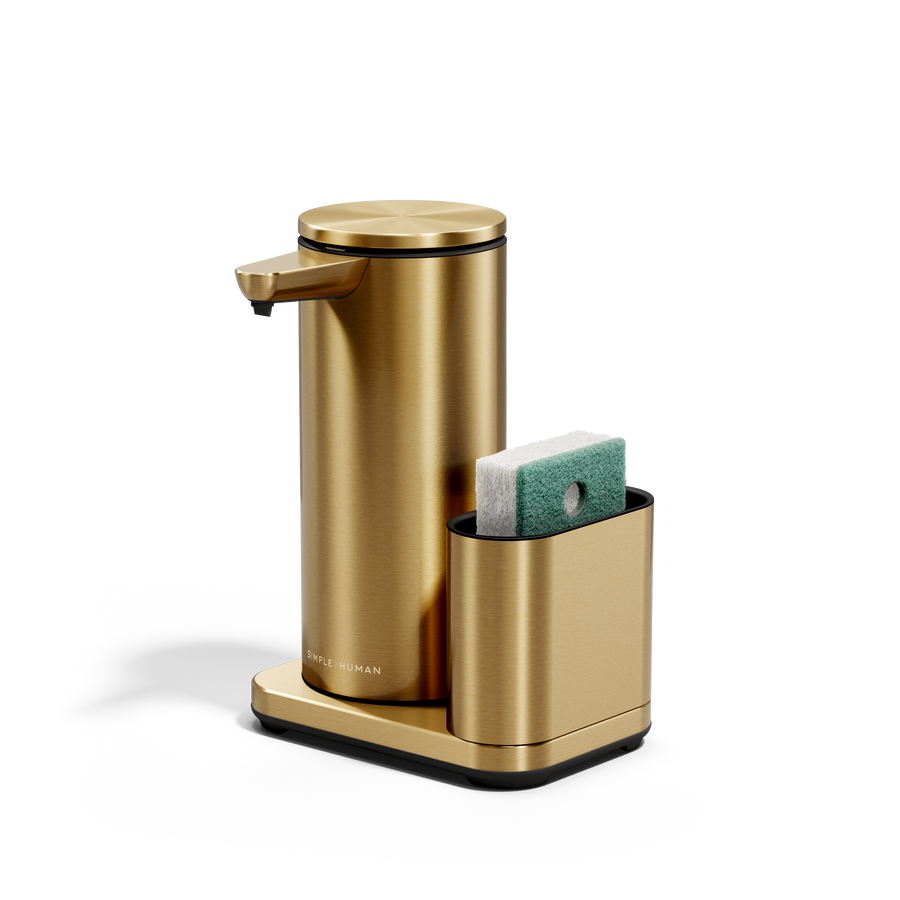Angled view: Simplehuman Brass 14 oz or 414ml Sensor Pump + Caddy holding a sponge, touch-free, rechargeable.