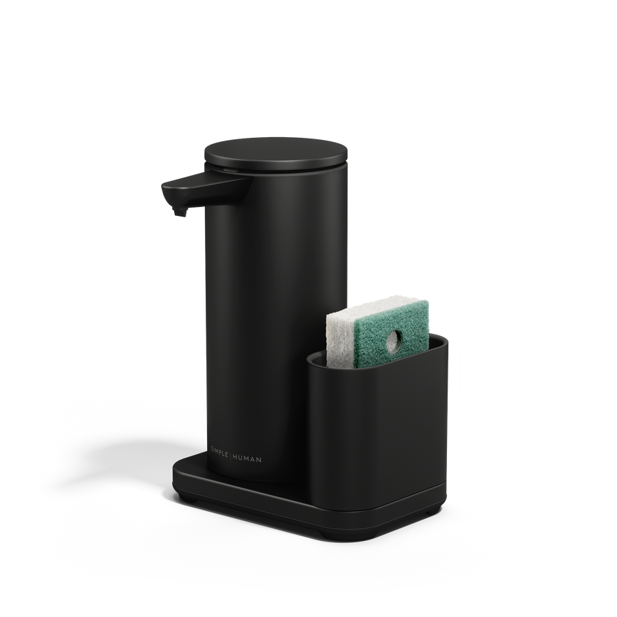 Angled view: Simplehuman Matte Black 14 oz or 414ml Sensor Pump with caddy holding a sponge, space-saving design.