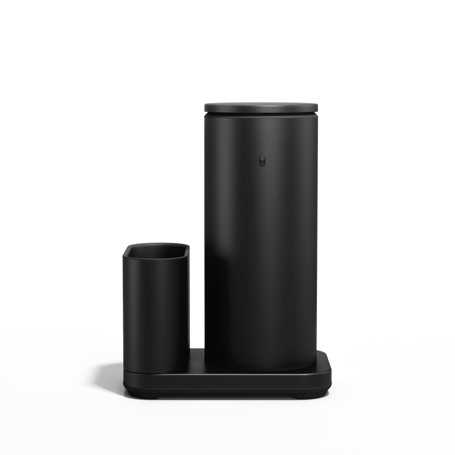 Simplehuman Matte Black 14 oz or 414ml Sensor Pump and Caddy, profile view showing rechargeable touch-free design.