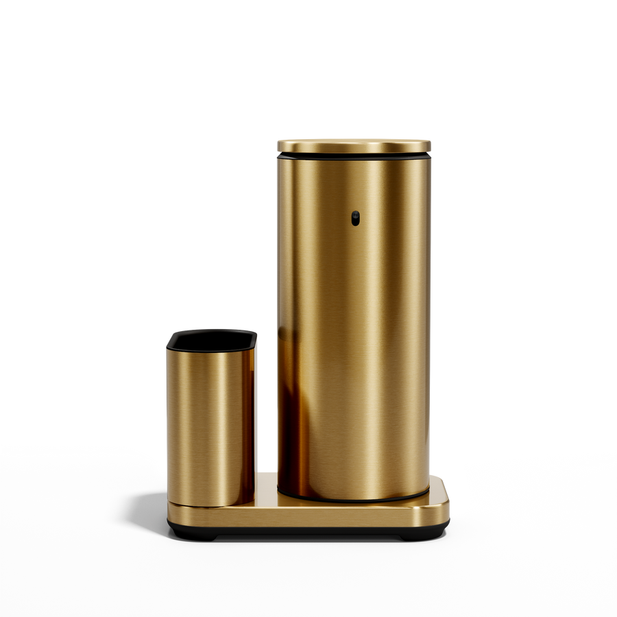 Front studio view: Simplehuman Brushed Brass 14 oz pr 414ml Sensor Pump + Caddy, rechargeable touch-free dispenser.