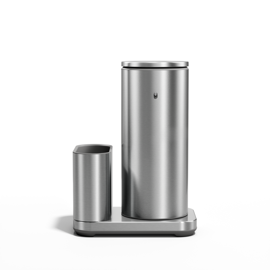 Simplehuman Brushed Stainless Steel 14 oz Sensor Pump with integrated tool caddy on drip-free base.