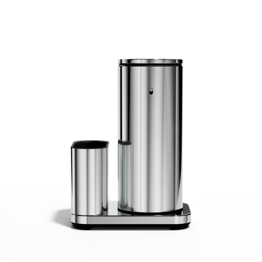 Profile view: Simplehuman Polished Stainless Steel 14 oz or 414ml Sensor Pump + Caddy, rechargeable touch-free dispenser.
