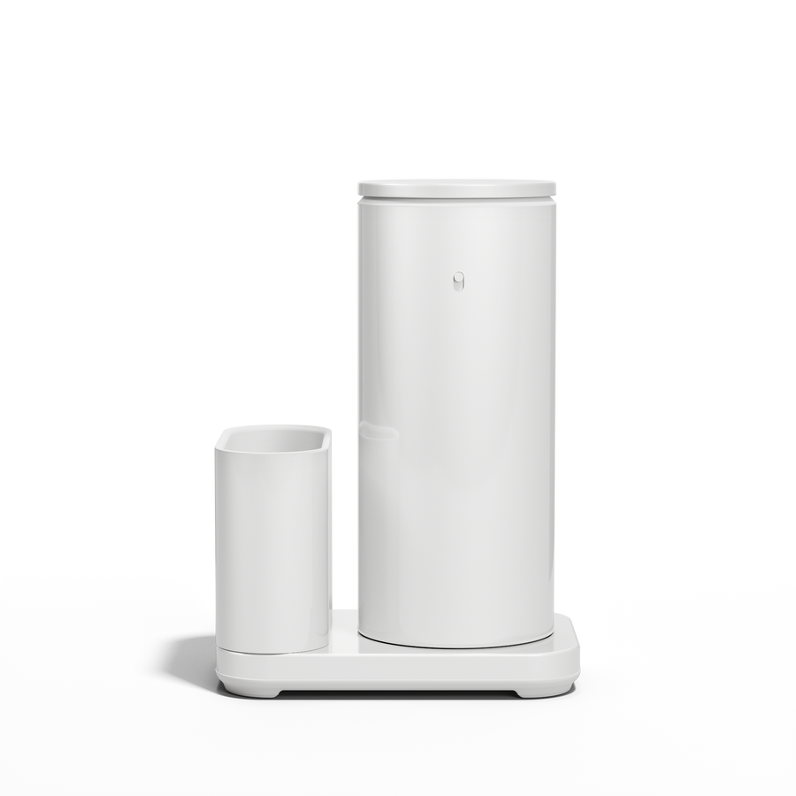 Front view: Simplehuman White 14 oz or 414ml Sensor Pump + Caddy, touch-free, rechargeable, with removable utensil  caddy.