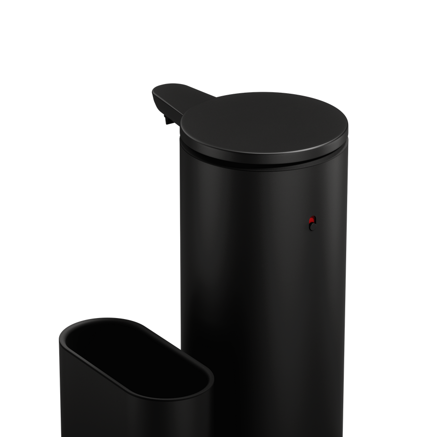 Detail view of Simplehuman Matte Black 14 oz or 414ml Sensor Pump + Caddy, featuring the touch-free sensor and indicator light.