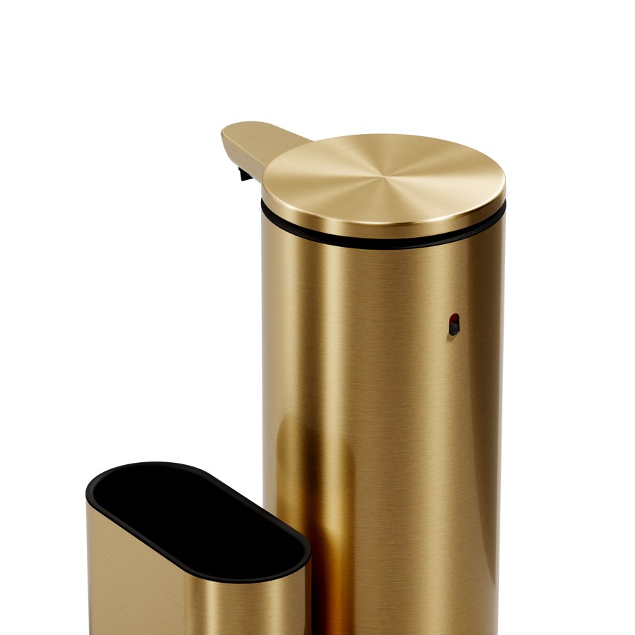Close-up: Simplehuman Brushed Brass 14 oz or 414ml  Sensor Pump and separate removable Caddy, rechargeable, touch-free.