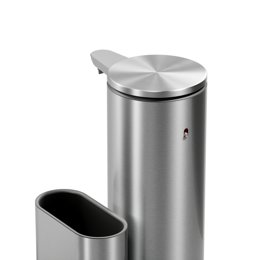 Detail view: Simplehuman 14 oz Sensor Pump + Caddy in Brushed Stainless Steel, highlighting the touch-free sensor.