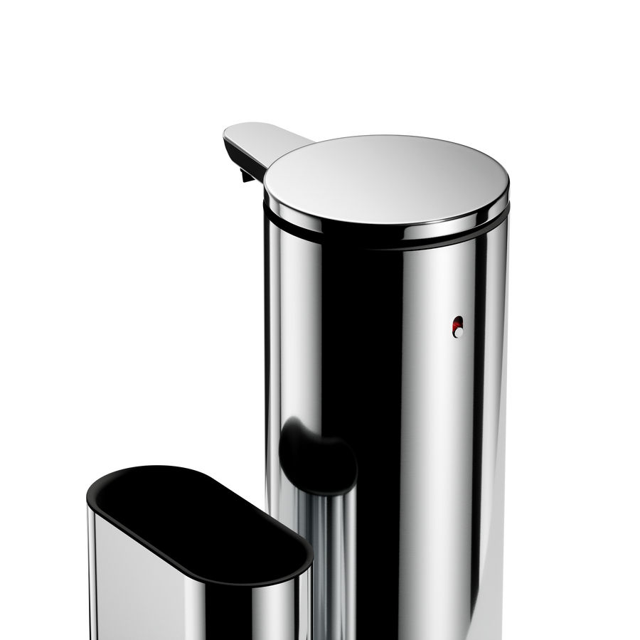 Simplehuman Polished Stainless Steel 14 oz or 414ml Sensor Pump + Caddy, close-up angled view, touch-free.