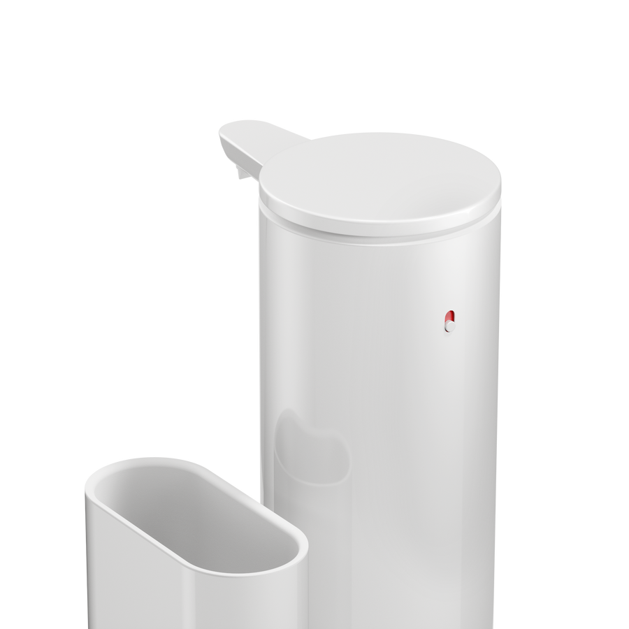 Detail view of Simplehuman White 14 oz or 414ml Sensor Pump + Caddy, highlighting the touch-free sensor and indicator light.