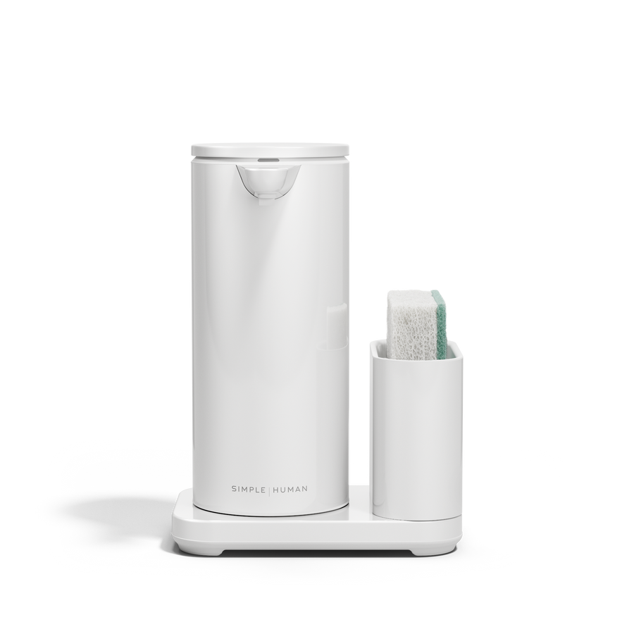 Simplehuman White 14 oz or 414ml Sensor Pump + Caddy holding a sponge, touch-free, space-saving design.
