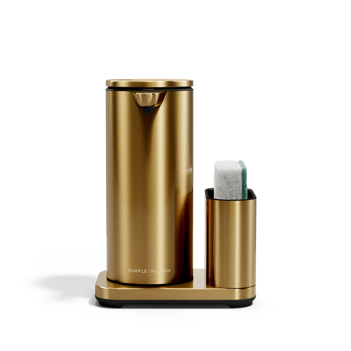 Simplehuman Brass 14 oz or 414ml Sensor Pump + Caddy, touch-free rechargeable dispenser holding a sponge.