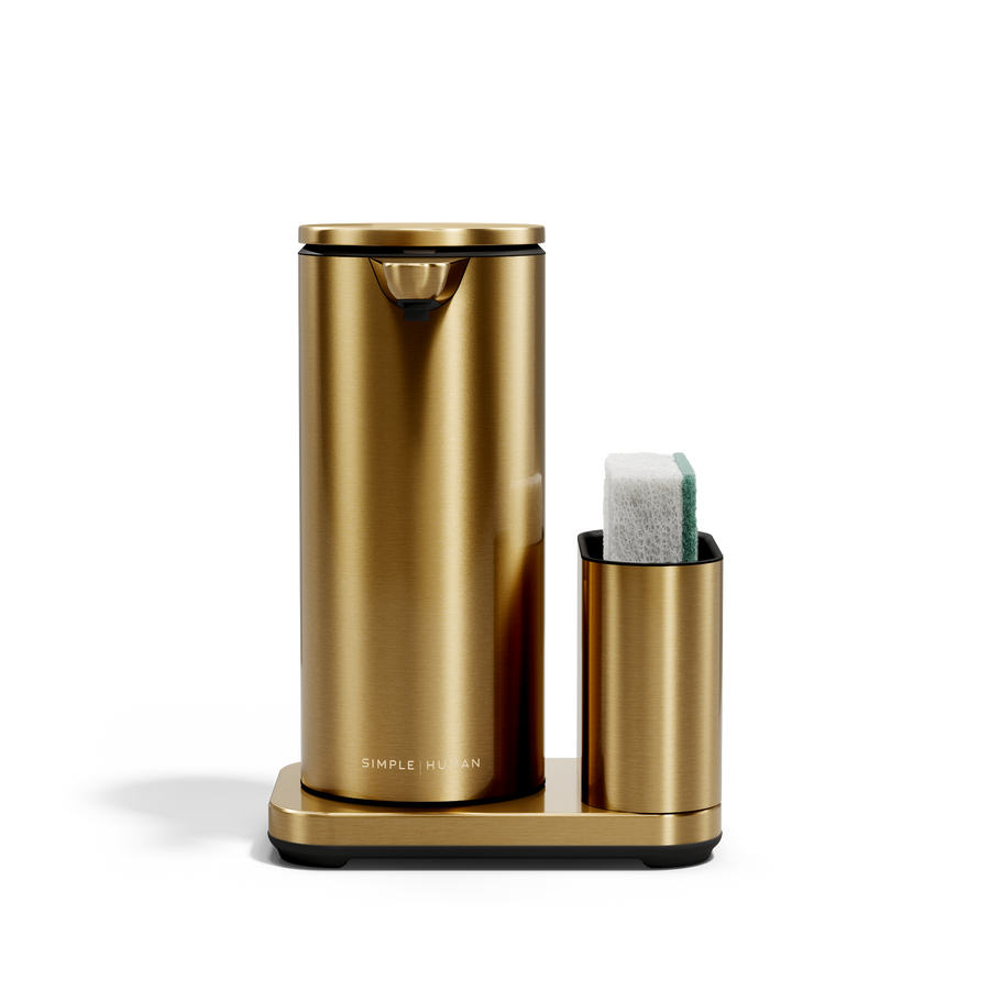 Simplehuman Brass 14 oz or 414ml Sensor Pump + Caddy, touch-free rechargeable dispenser holding a sponge.