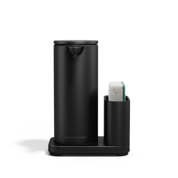 Simplehuman Matte Black 14 oz 414ml Sensor Pump + Caddy, touch-free dispenser with integrated sponge holder.