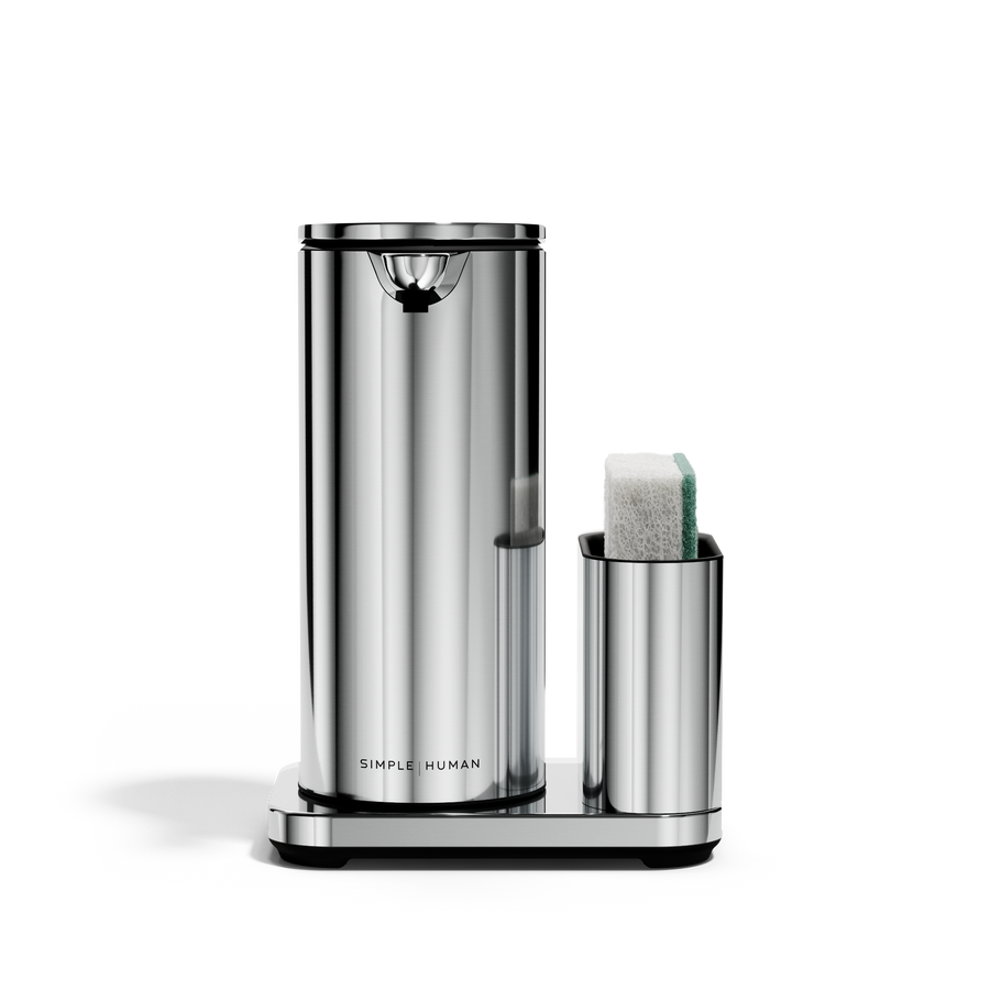 Front view: Simplehuman Polished Stainless Steel 14 oz or 414ml Sensor Pump + rechargeable touch-free dispenser with removable caddy.