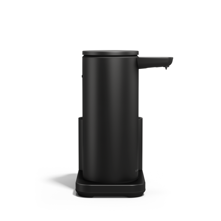Side view of Simplehuman Matte Black 14 oz or 414ml Sensor Pump + Caddy, touch-free rechargeable dispenser.