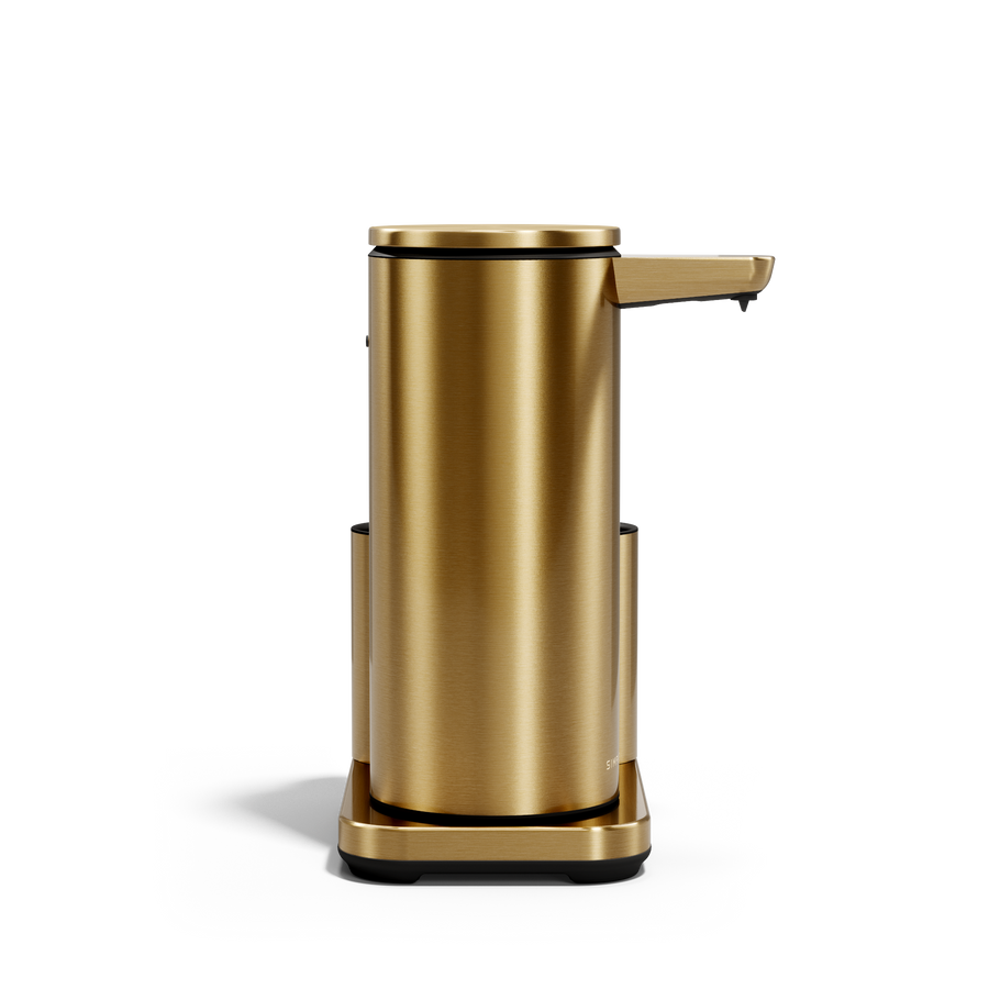 Simplehuman Brushed Brass 14 oz or 414ml Sensor Pump + Caddy, front view, rechargeable touch-free dispenser.