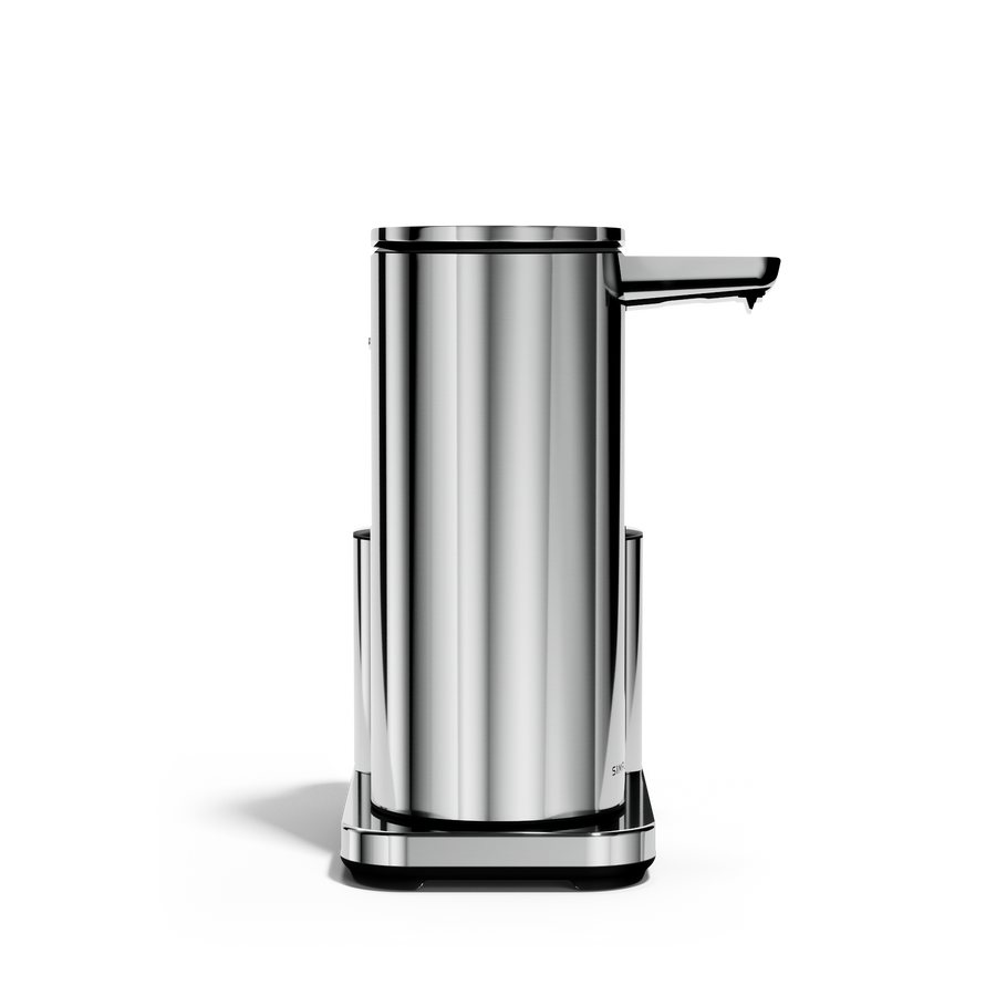 Studio front view: Simplehuman Polished Stainless Steel 14 oz or 414ml Sensor Pump + Caddy, rechargeable touch-free dispenser.
