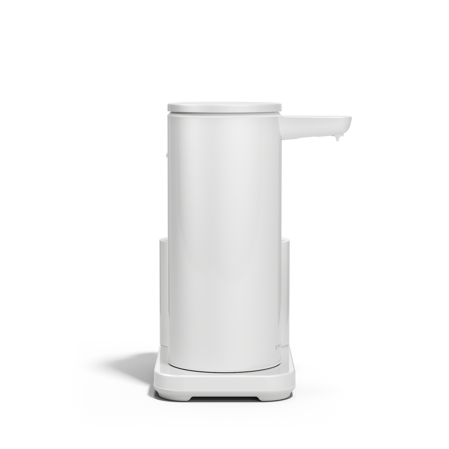 Side view of Simplehuman White 14 oz or 414 ml Sensor Pump + Caddy, rechargeable, touch-free, with integrated removable caddy.