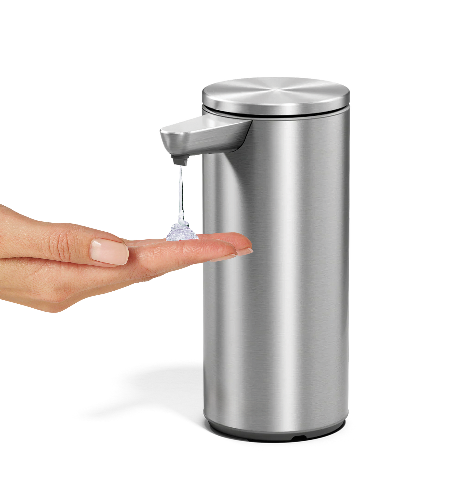 Simplehuman's 9 oz. Liquid Sensor Pump in Brushed dispensing hand soap onto a hand.