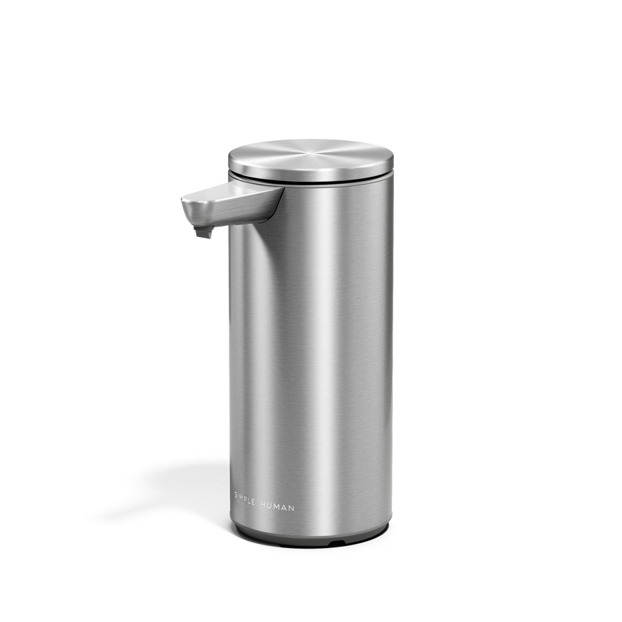 Angled view of Simplehuman 9 oz 266mlRechargeable Sensor Pump in Brushed Stainless Steel, hands-free soap dispenser.