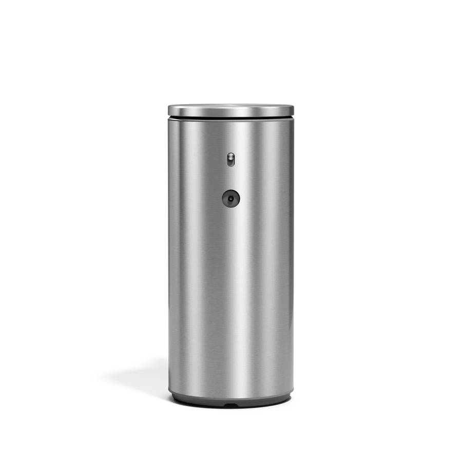 Front view of Simplehuman 9 oz 266ml Rechargeable Liquid Sensor Pump in Brushed Stainless Steel, touch-free.
