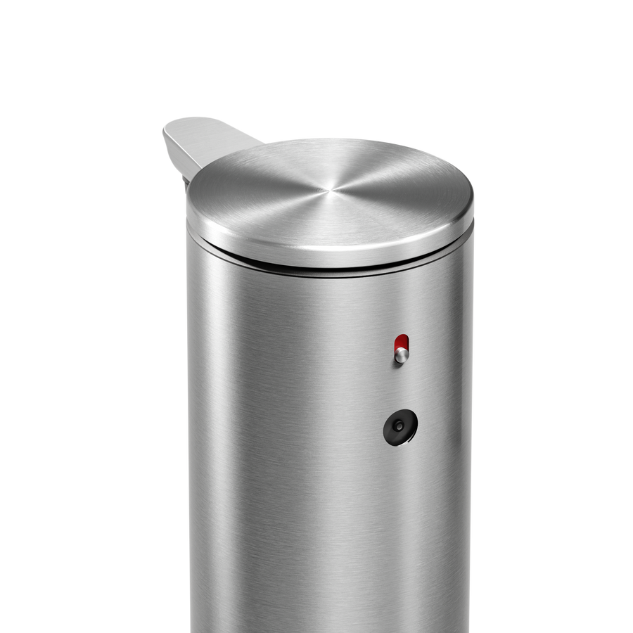 Detail view of Simplehuman 9 oz 266ml Rechargeable Sensor Pump in Brushed Stainless Steel, showing power button and sensor.