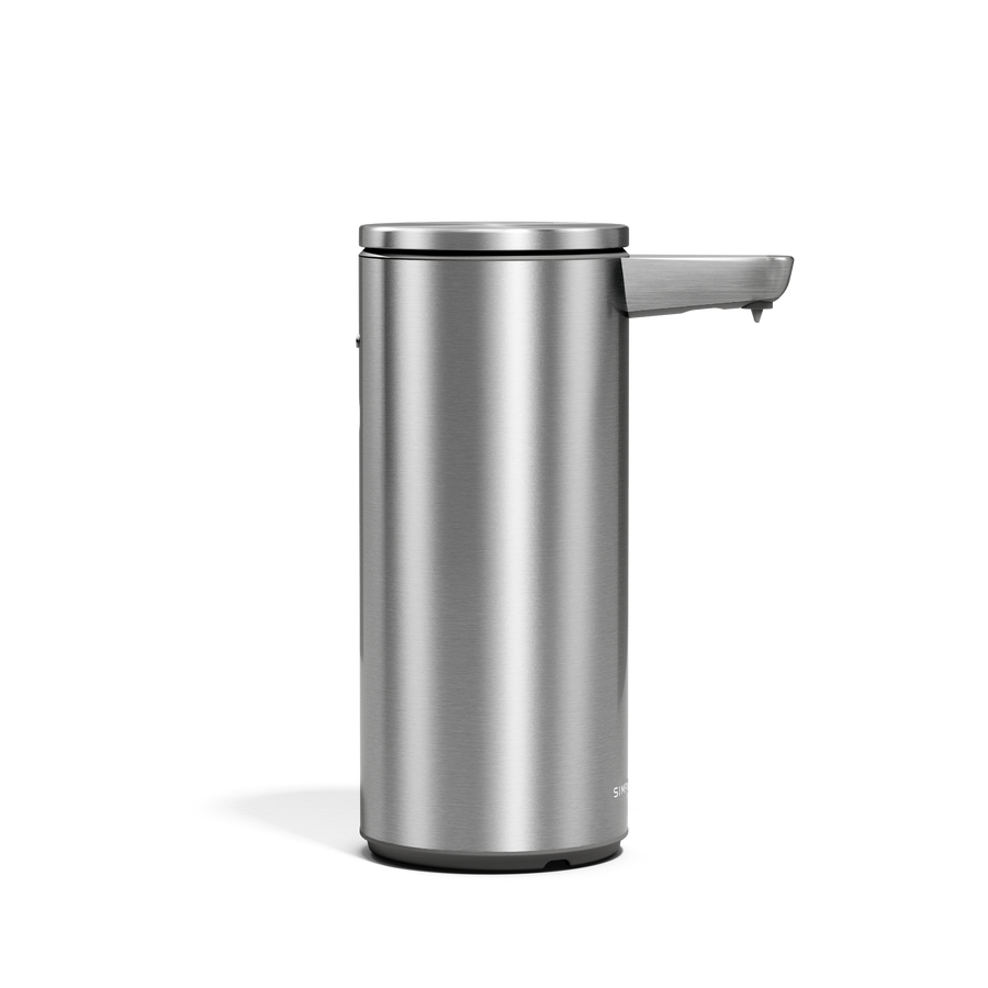 Side view of Simplehuman 9 oz 266ml Rechargeable Sensor Pump in Brushed Stainless Steel, hands-free operation.