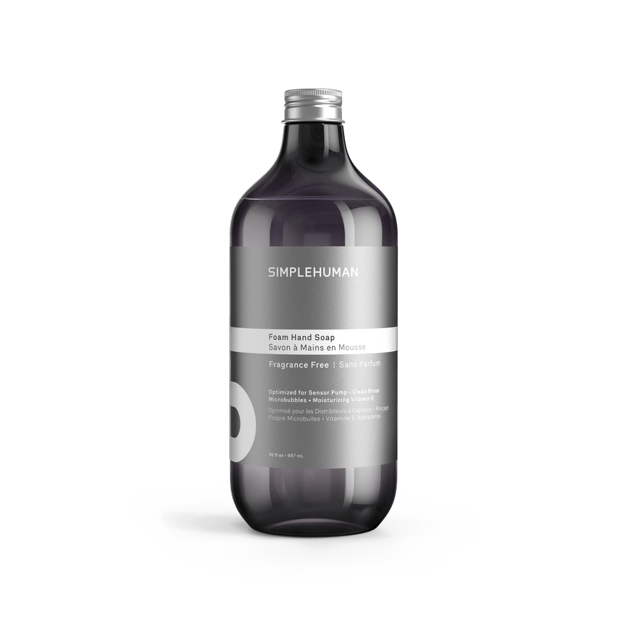 Simplehuman's Fragrance Free Foaming Hand Soap in a charcoal colored bottle and titanium cap.