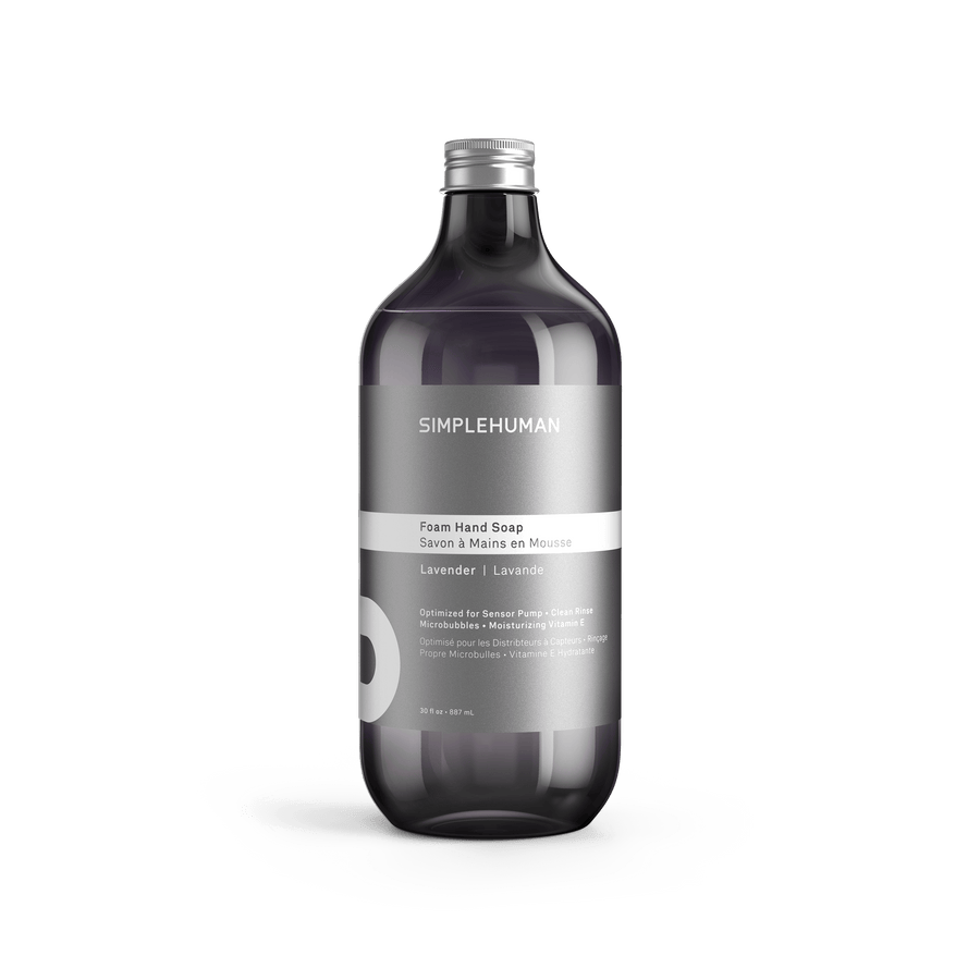 Simplehuman's Lavender Foaming Hand Soap in a charcoal colored bottle and titanium cap.