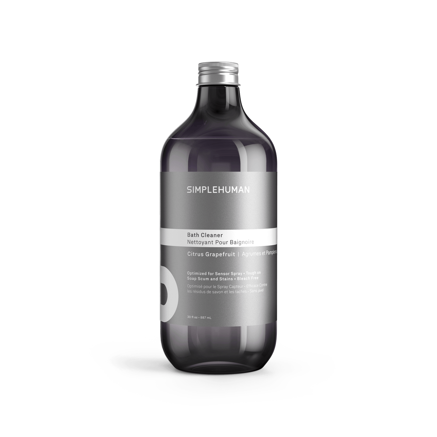 Simplehuman's Citrus Grapefruit Bath Cleaner in a charcoal colored bottle and titanium cap.