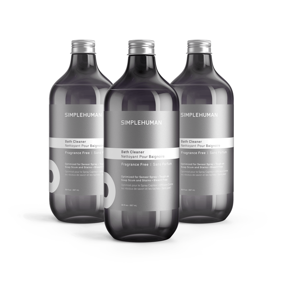 Simplehuman's Fragrance Free Bath Cleaner in 3 charcoal colored bottle and titanium cap.
