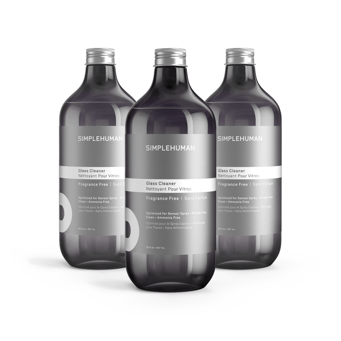 Simplehuman's Fragrance Free Bath Cleaner in 3 charcoal colored bottles and titanium caps.