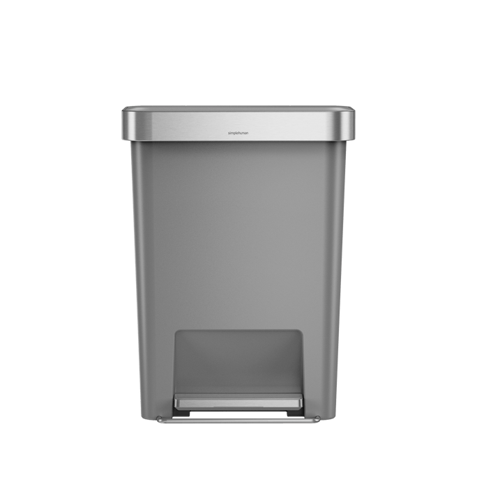 Close-up of Simplehuman 45L Hybrid Step Can, Matte body and Brushed Steel foot pedal for hands-free operation.