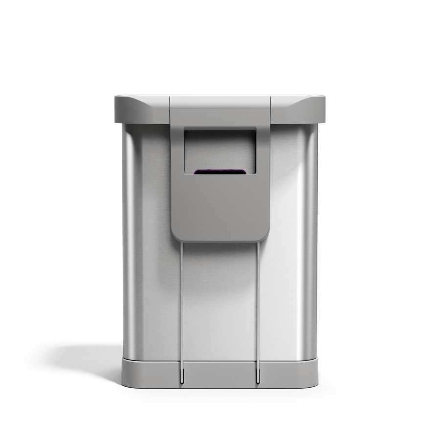 Back view of Simplehuman 55L Rectangular Step Can in Brushed Stainless Steel showing the liner pocket dispenser.