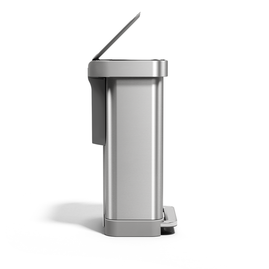 Side view of Simplehuman 45L Brushed Stainless Steel Step Can with lid open, hands-free pedal, and liner pocket.