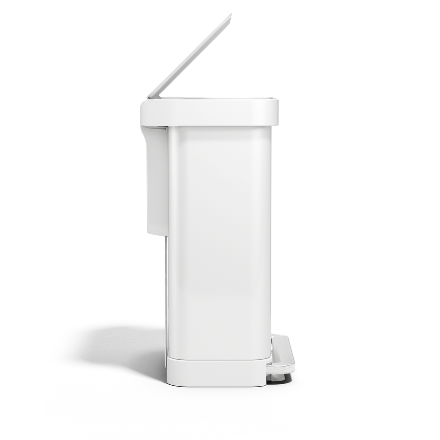 Simplehuman 55L Rectangular Step Can in White, side view with open lid and hands-free foot pedal operation.