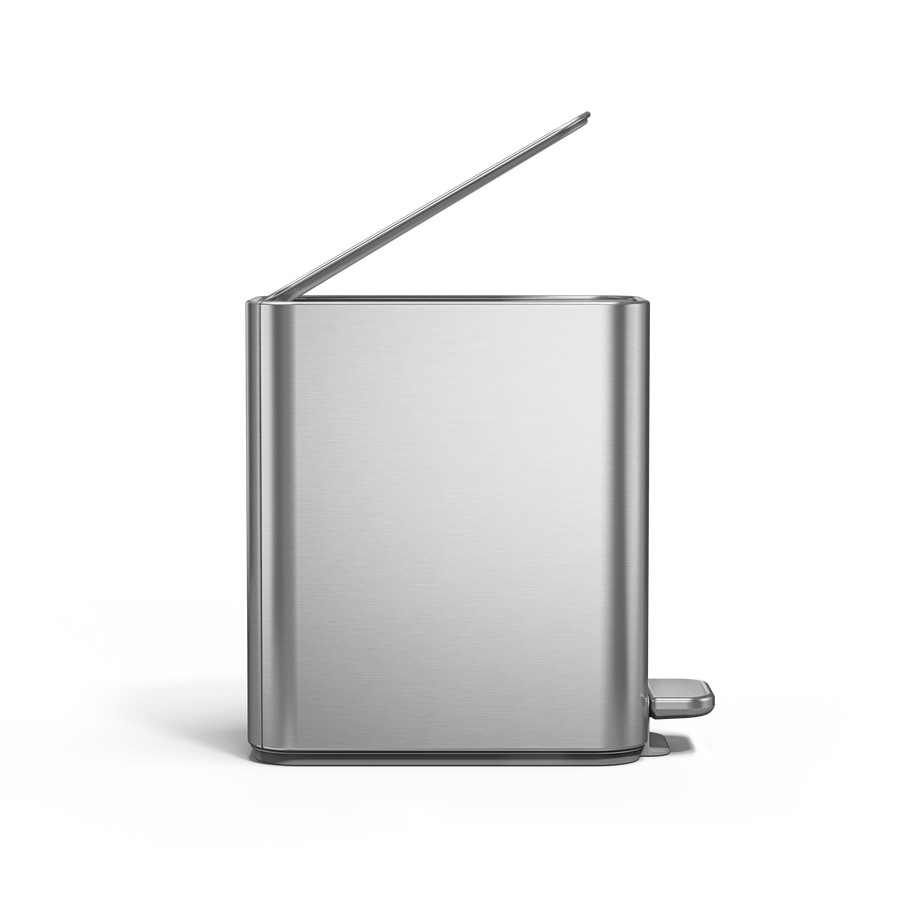 Simplehuman 5L Slim Step Can, Brushed Stainless Steel, side view, foot pedal lifts silent lid.