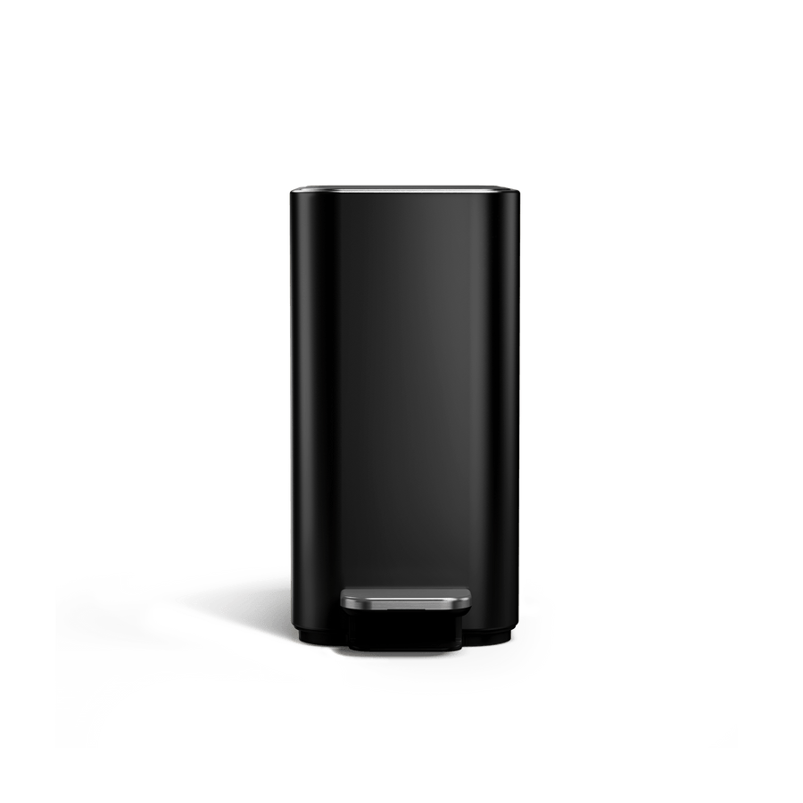 Simplehuman 5L Slim Step Can, Matte Black finish, front view, space-saving slim design.