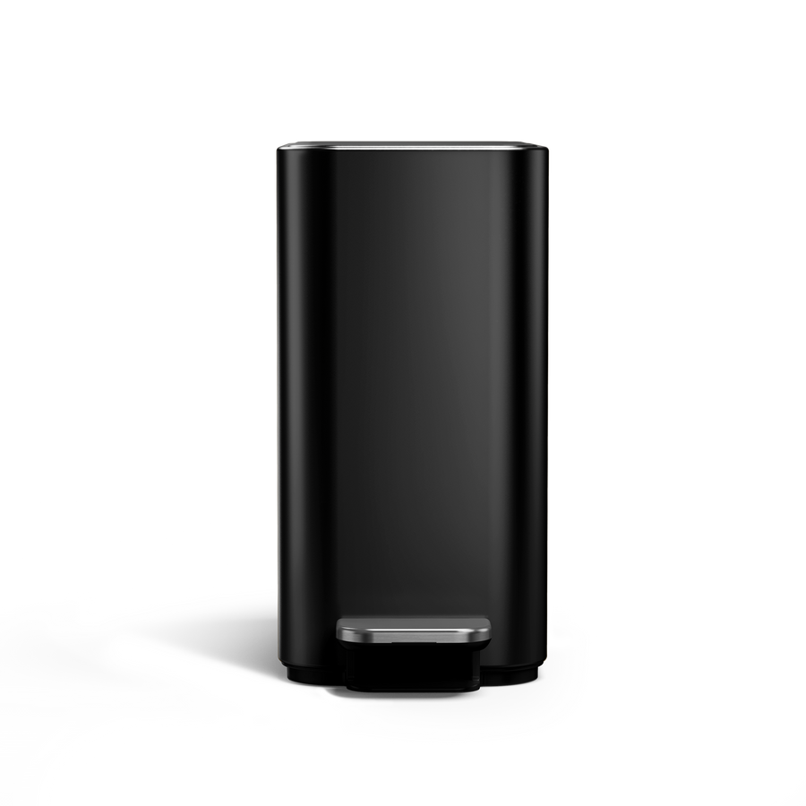 Simplehuman 5L Slim Step Can, Matte Black finish, front view, space-saving slim design.