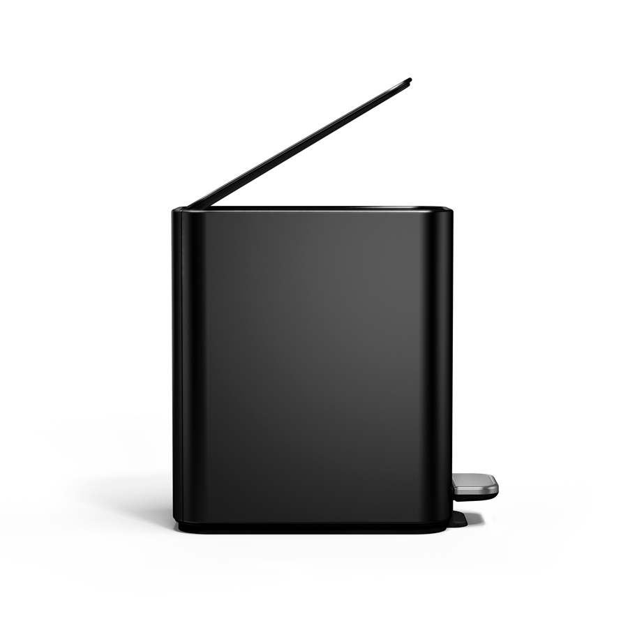Simplehuman 5L Slim Step Can, Matte Black, side view with open lid showing hands-free operation.
