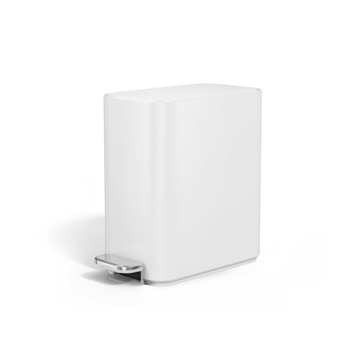 Simplehuman 5L Slim Step Can, White finish, angled view, space-saving slim design and hands-free pedal.