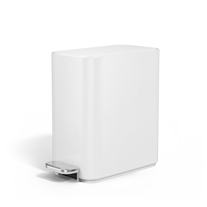 Simplehuman 5L Slim Step Can, White finish, angled view, space-saving slim design and hands-free pedal.
