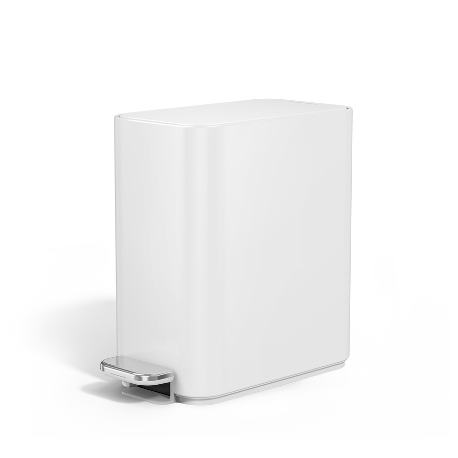 Simplehuman 5L Slim Step Can, White finish, angled view, space-saving slim design and hands-free pedal.
