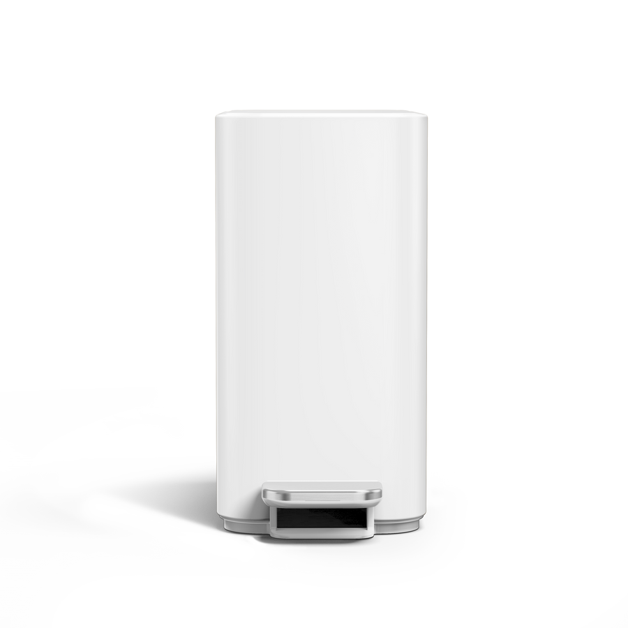 Simplehuman 5L Slim Step Can, White finish, straight front view, hands-free slim design.