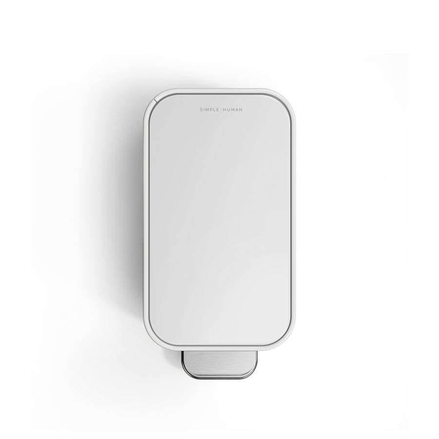 Simplehuman 5L Slim Step Can, White, Top view showcasing slim design and stainless steel hands-free pedal.