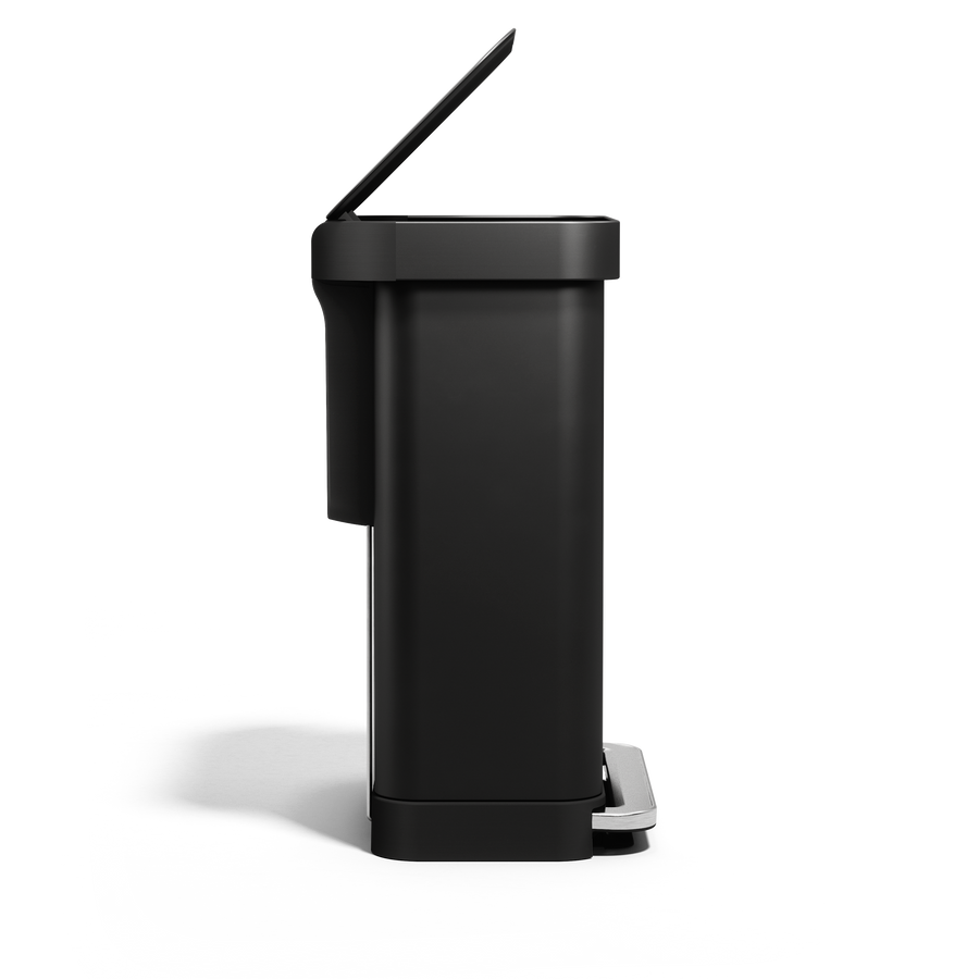 Side view of Simplehuman 55L Rectangular Step Can in Matte Black with open lid, showing hands-free foot pedal.